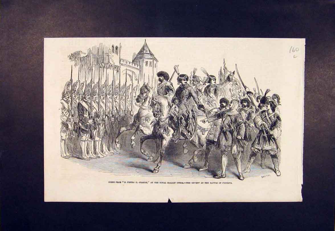 Original Old Antique Print Royal Italian Opera Battle Pultava 1852 Victorian