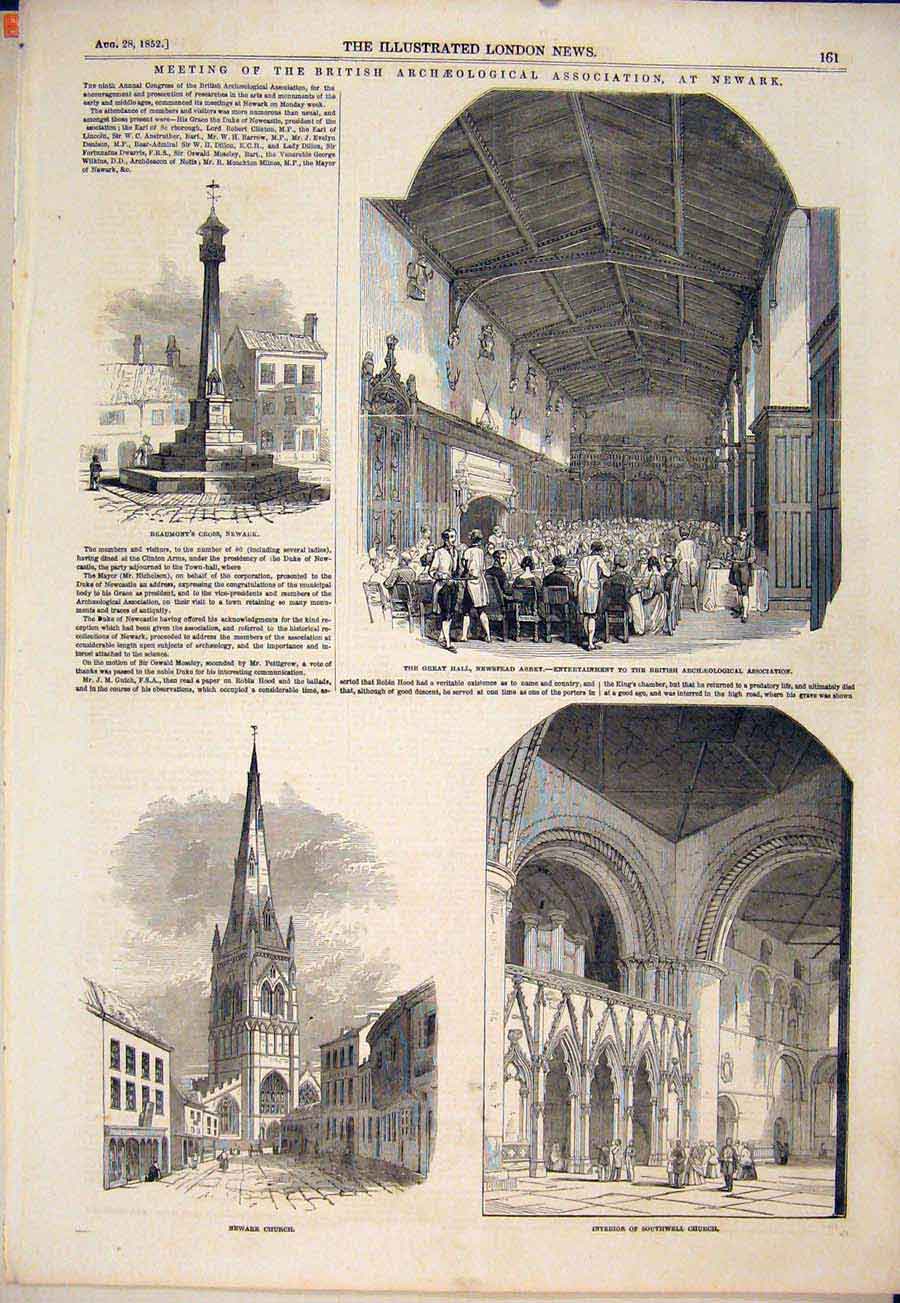 Old Antique Print Beaumont'S Cross Newstead Abbey Newark Church Southwell