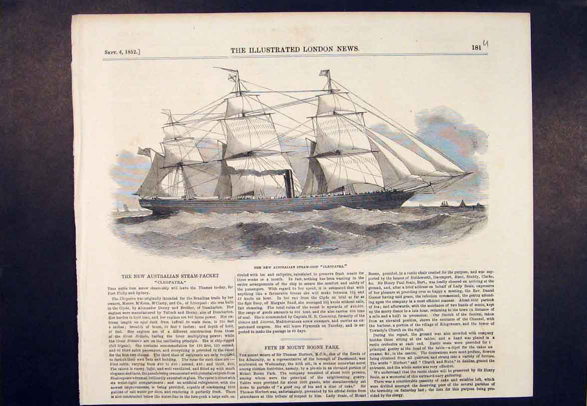 Original Old Antique Print Australian Steam Ship Cleopatra Packet 1852 19th