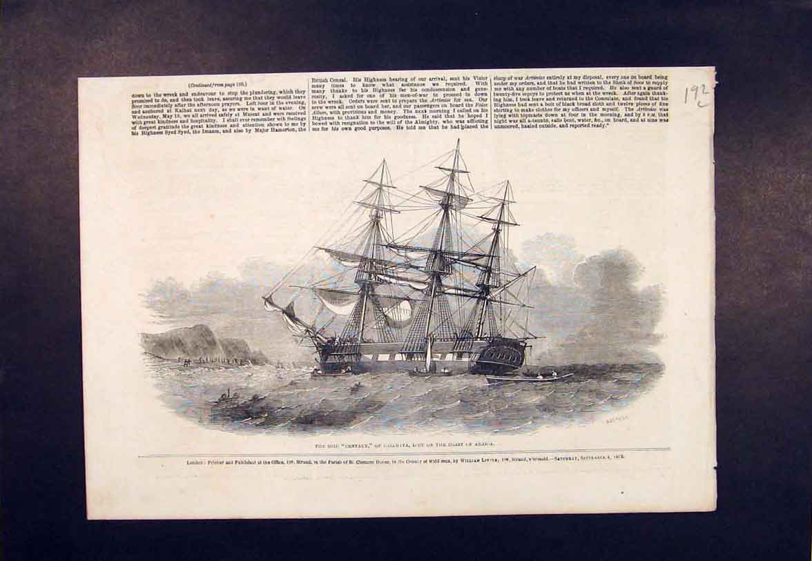 Original Old Antique Print Ship Centaur Calcutta Arabia Coast 1852 Victorian
