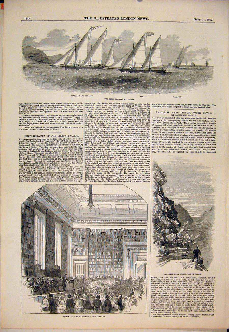 Original Old Antique Print Manchester Library Linton Devon Ragatta Lisbon 1852