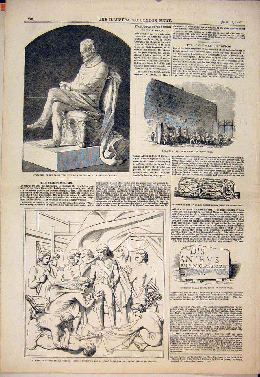 Original Old Antique Print Bas Relief Nelson Roman Stone Statue Wellington 1852