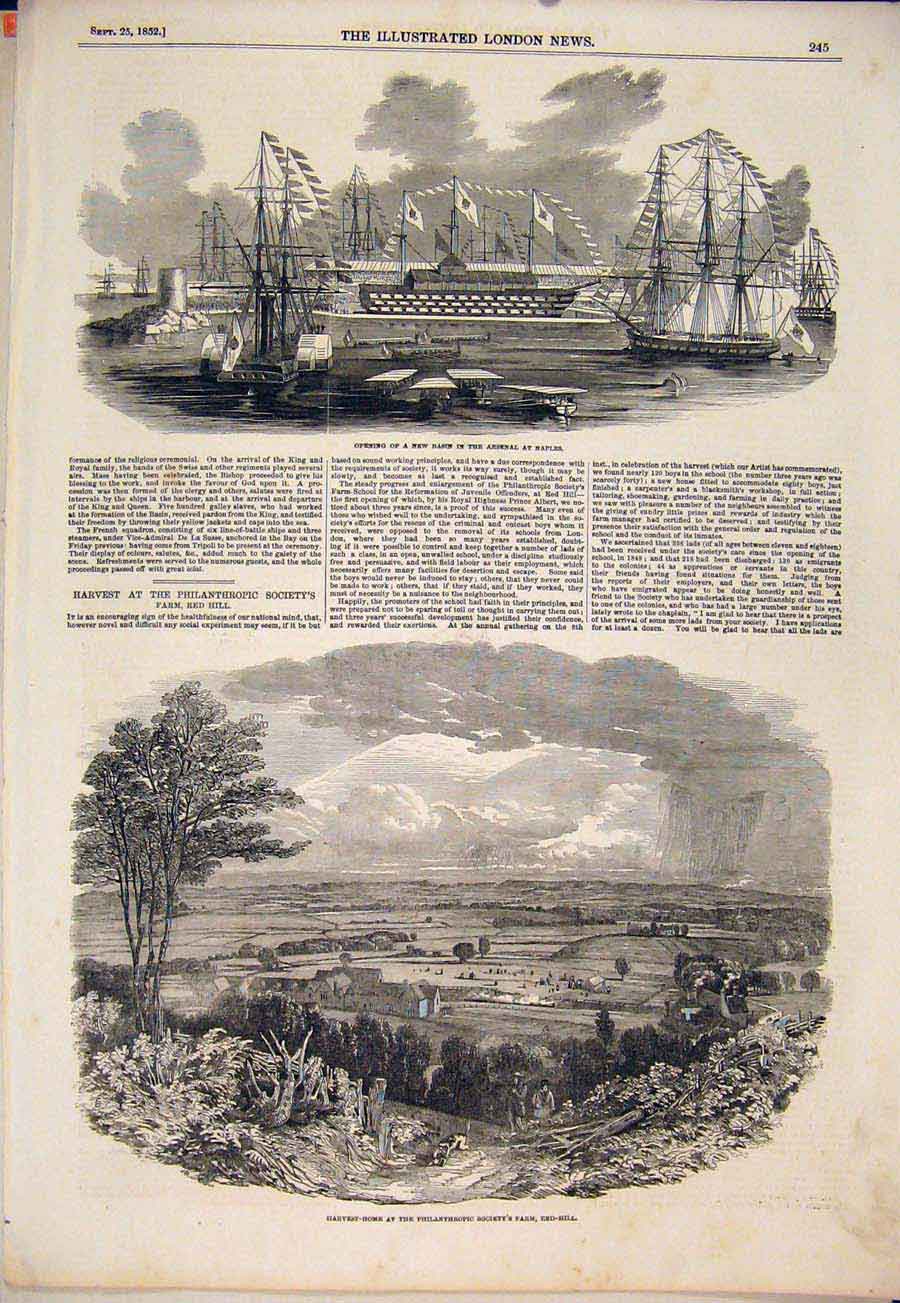 Old Antique Print Arsenal Naples Italy Harvest Philanthropic Scoiety Farm