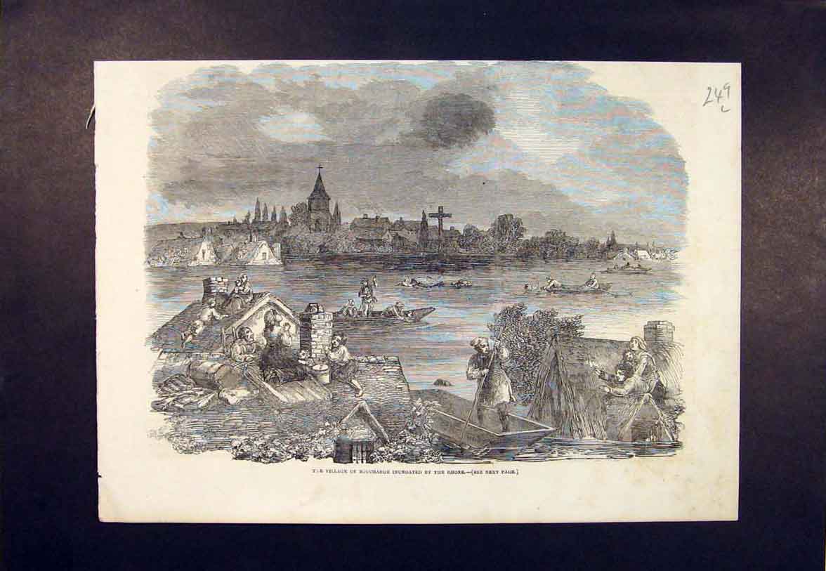 Original Old Antique Print Village Boucharge Flood Rhone River Floods 1852 19th