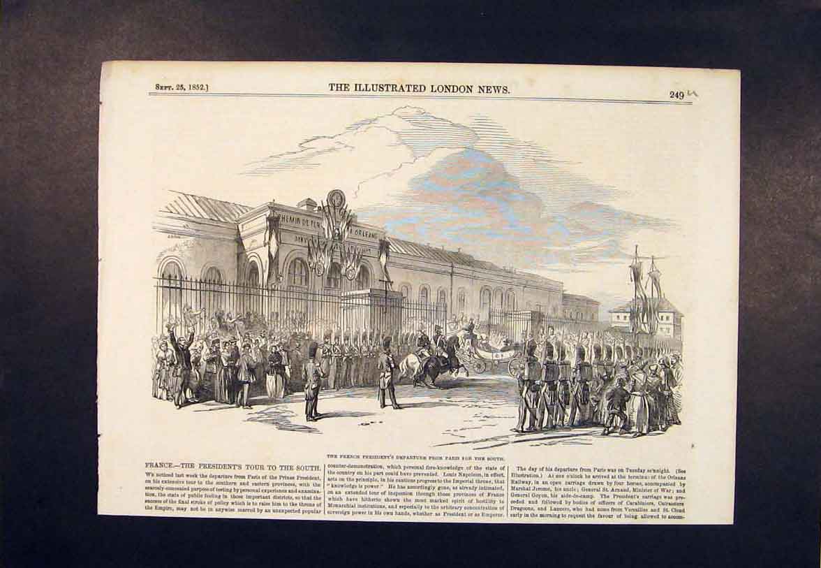 Original Old Antique Print French President Paris France 1852 19th