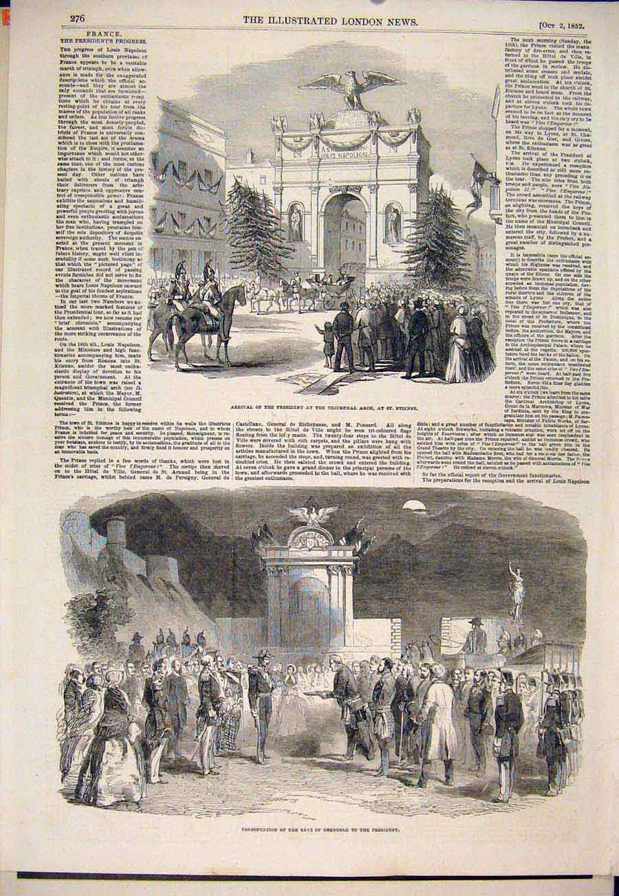 Original Old Antique Print President Triumphal Arch St Etienne Grenoble 1852
