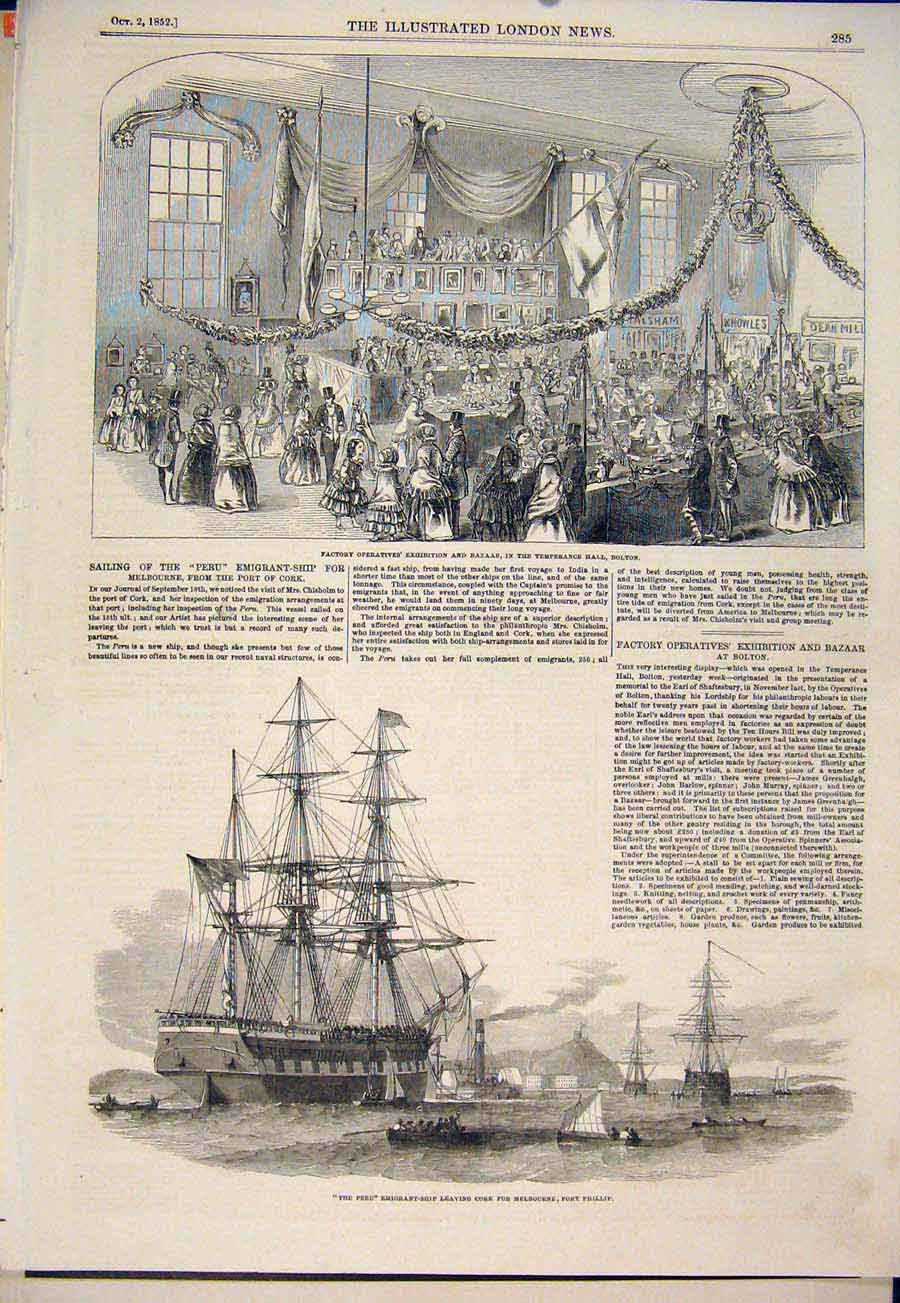 Original Old Antique Print Factory Bazaar Temperance Hall Bolton Peru Melbourne