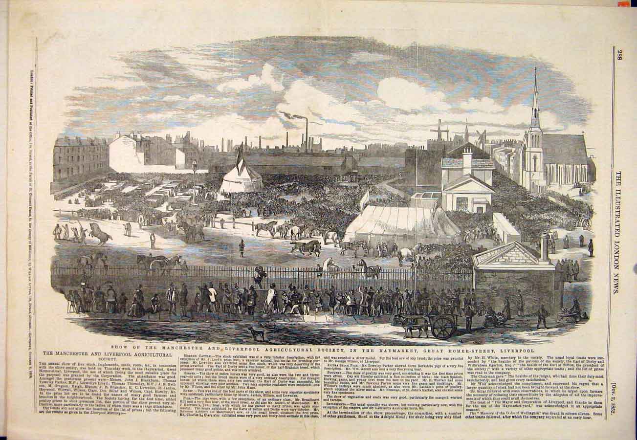Original Old Antique Print Manchester Liverpool Agriculture Haymarket 1852 19th