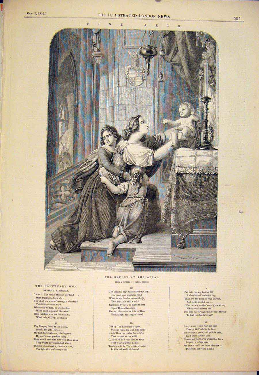 Original Old Antique Print Refuge Altar Church Hervey Daege Fine Art 1852 19th