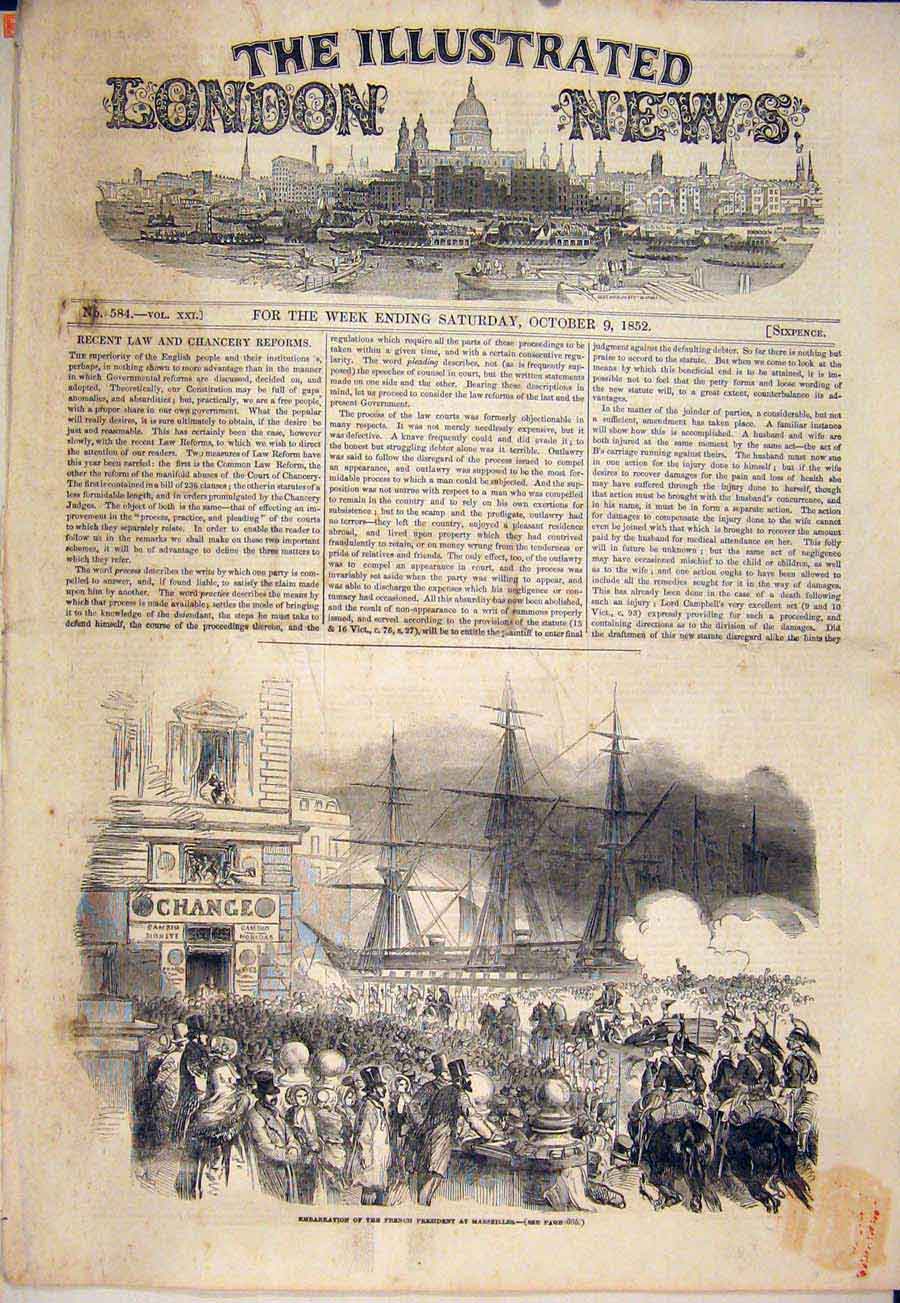 Original Old Antique Print Marseilles French President France 1852 Victorian