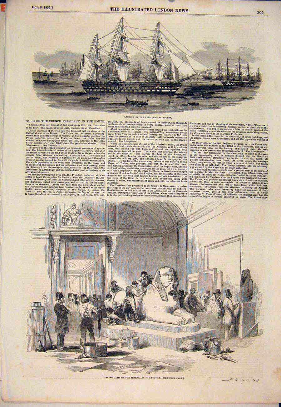 Original Old Antique Print Toulon President Casts Sphynx Louvre France 1852 19th