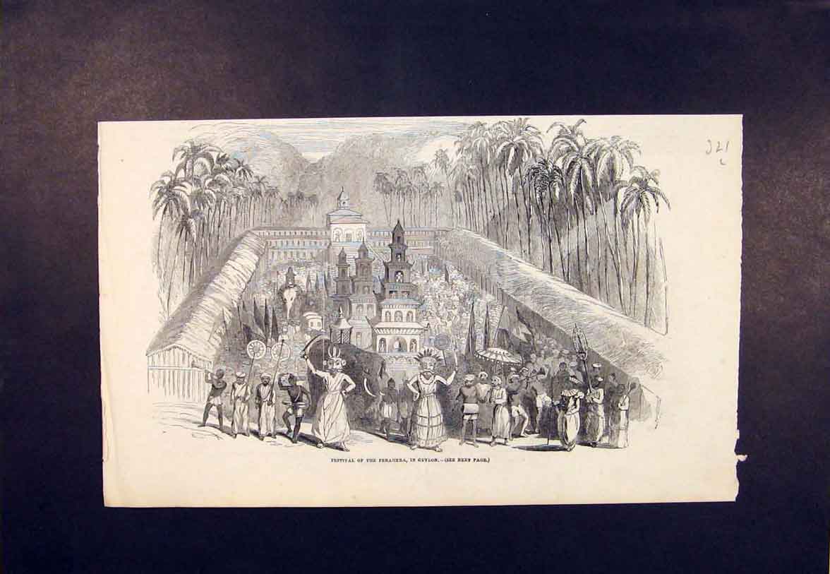 Original Old Antique Print Festival Perahera Ceylon China 1852 19th