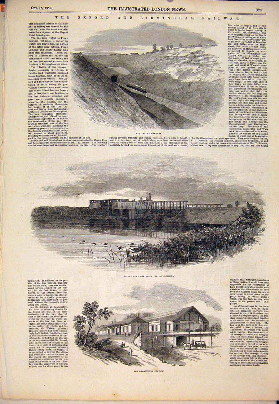 Original Old Antique Print Oxford Birmingham Leamington Solihul Railway 1852