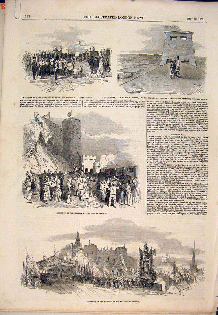 Original Old Antique Print Shrewsbury Queen Royal Railway Conway Bridge 1852