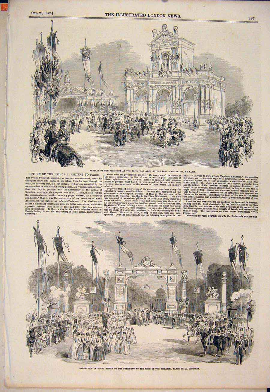 Original Old Antique Print Paris Triumphal Arch President Tuilleries 1852 19th