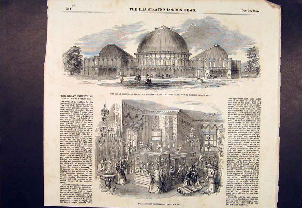 Original Old Antique Print Industrial Exhibition Salisbury Dublin Ireland 1852