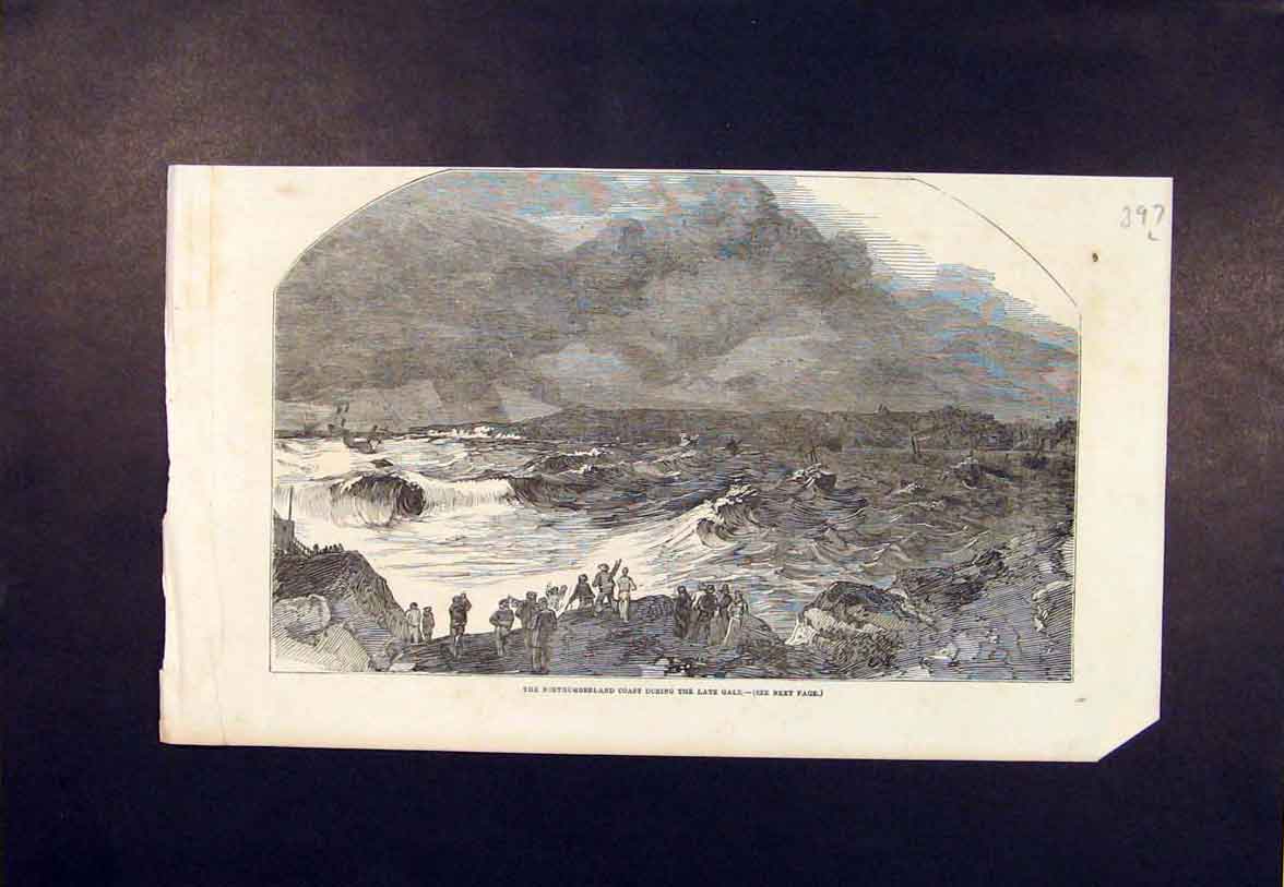 Original Old Antique Print Northumberland Coast Gale Storm Sea 1852 Victorian