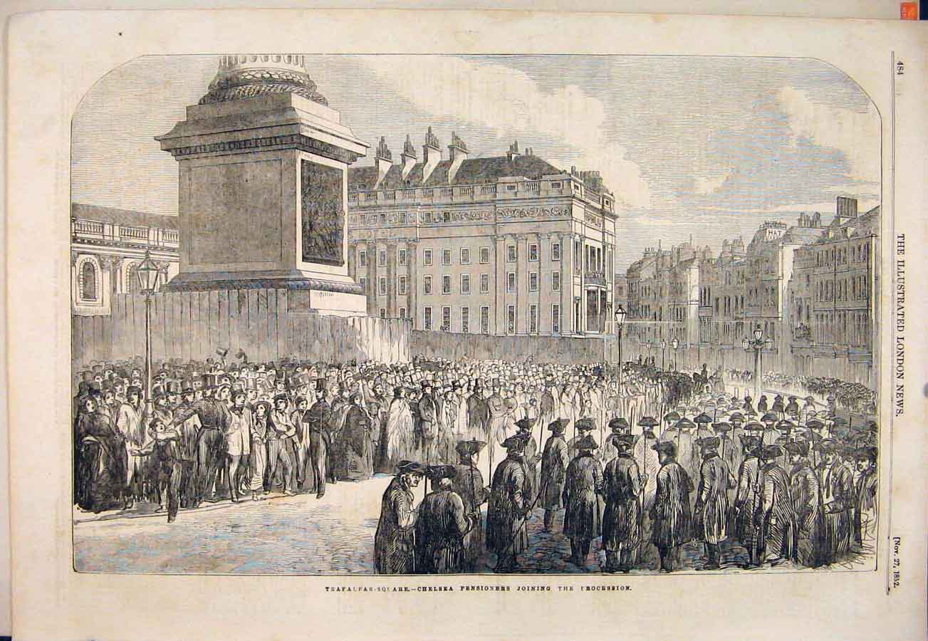 Original Old Antique Print Trafalgar Square Chelsea Pensioner Procession 1852