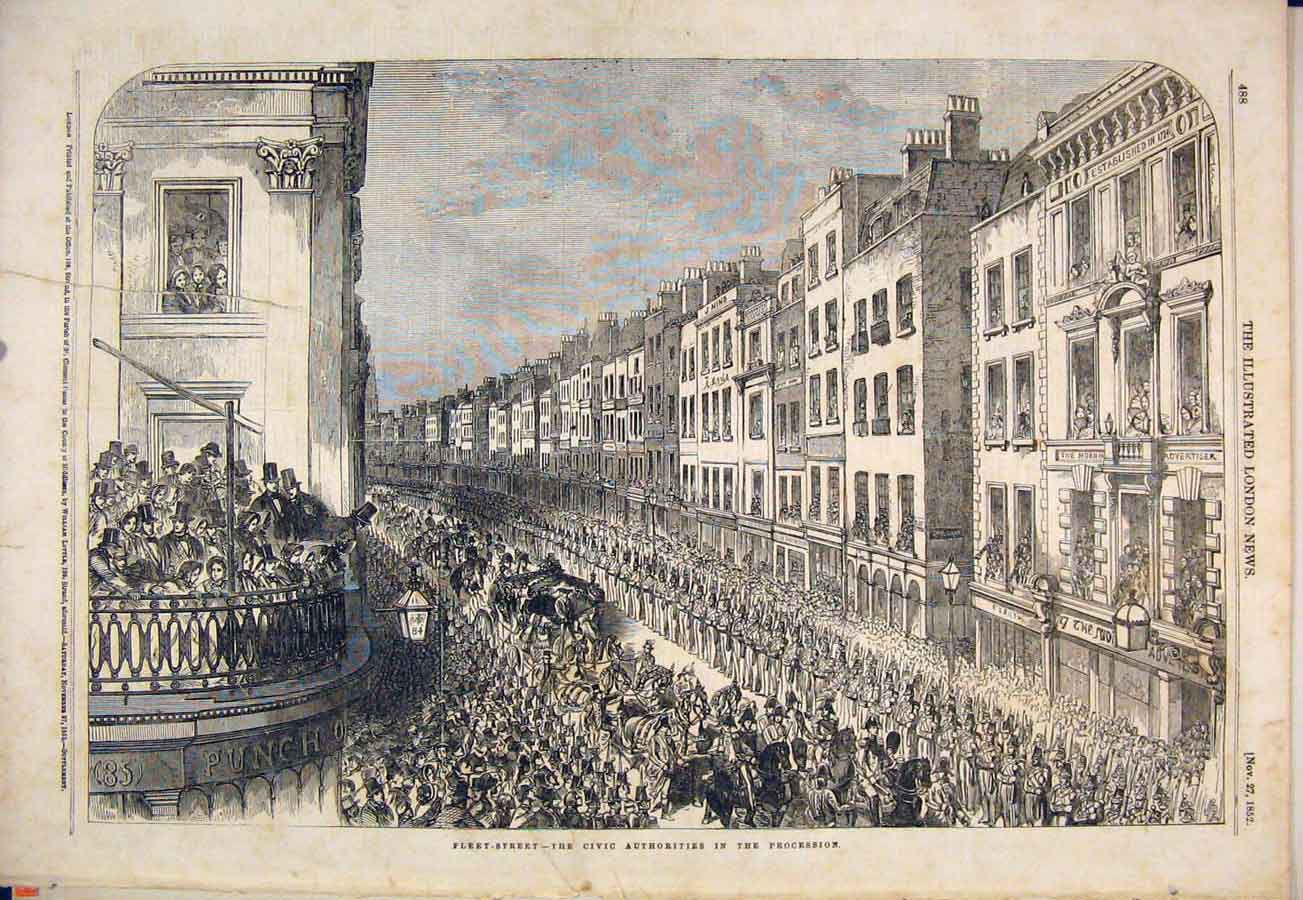 Original Old Antique Print Fleet Street London Civic Procession 1852 Victorian