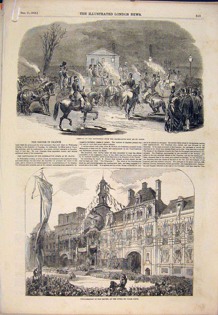 Original Old Antique Print France Empire Paris St Cloud Napoleon 1852 Victorian