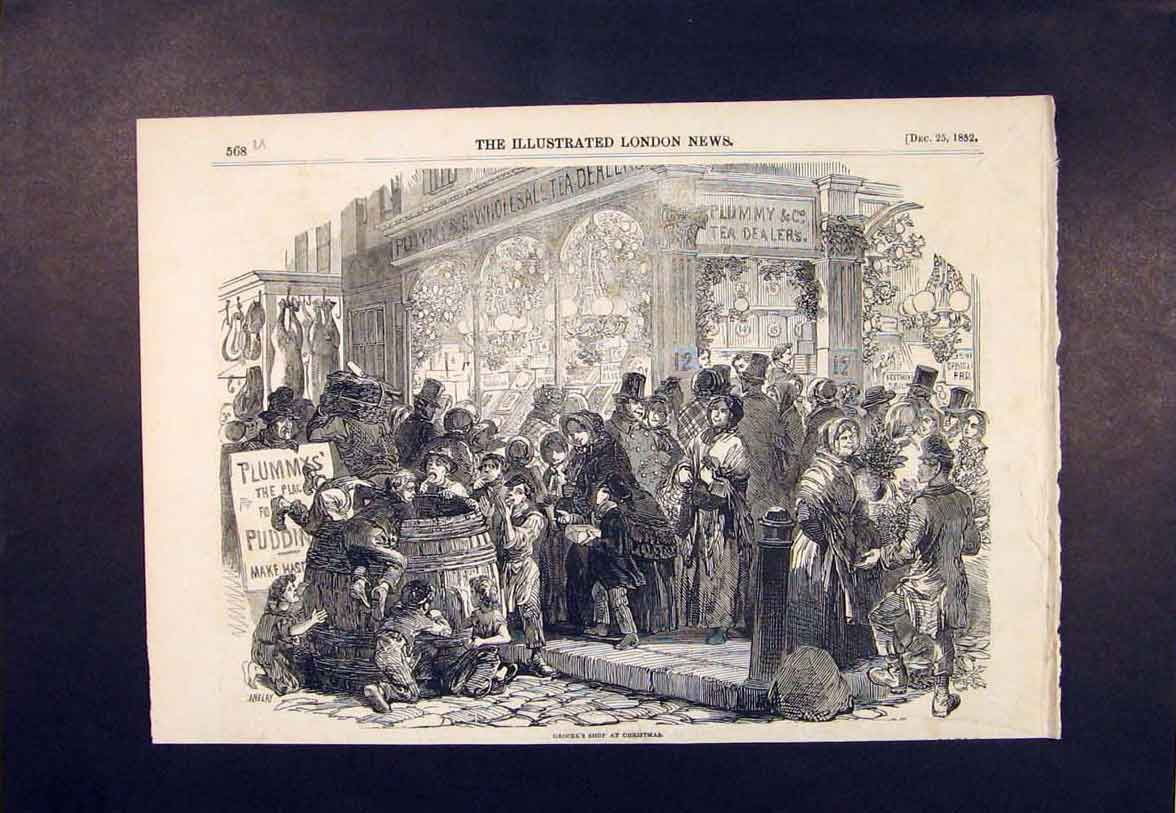 Original Old Antique Print Grocer'S Shop Grocer Christmas London 1852 Victorian