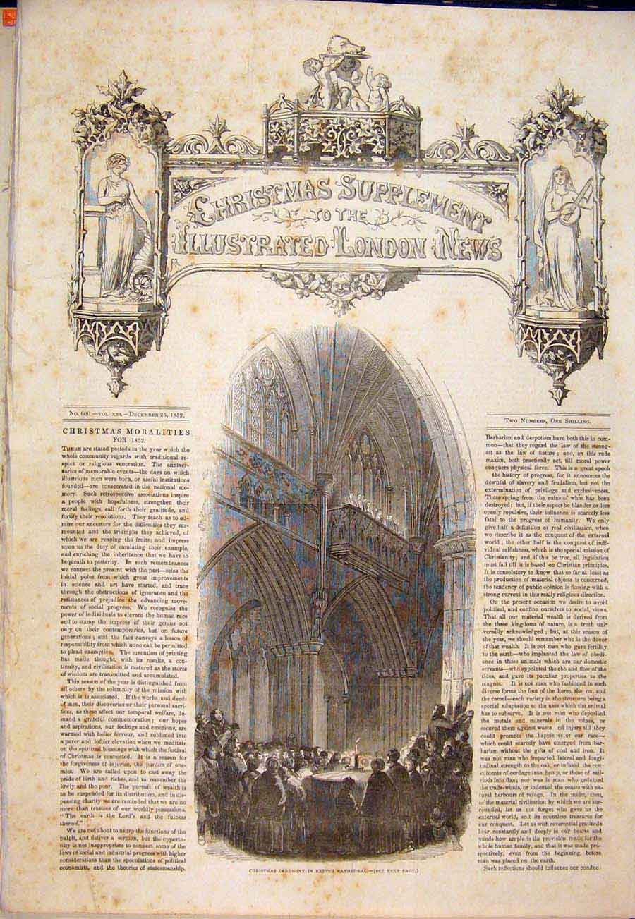Original Old Antique Print Christmas Ceremony Exeter Cathedral 1852 Victorian