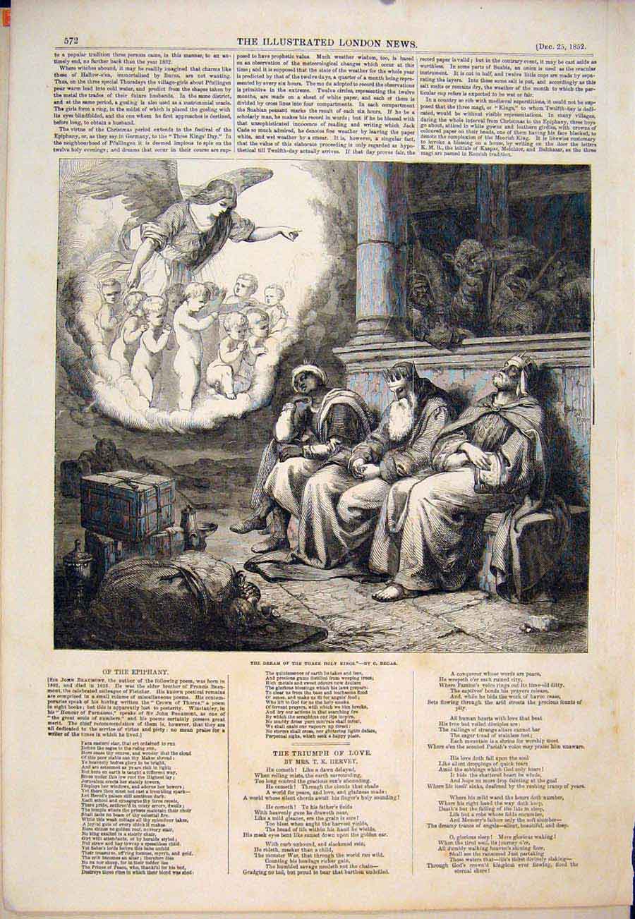 Original Old Antique Print Dream Three Holy Kings Fine Art 1852 Epiphany 19th