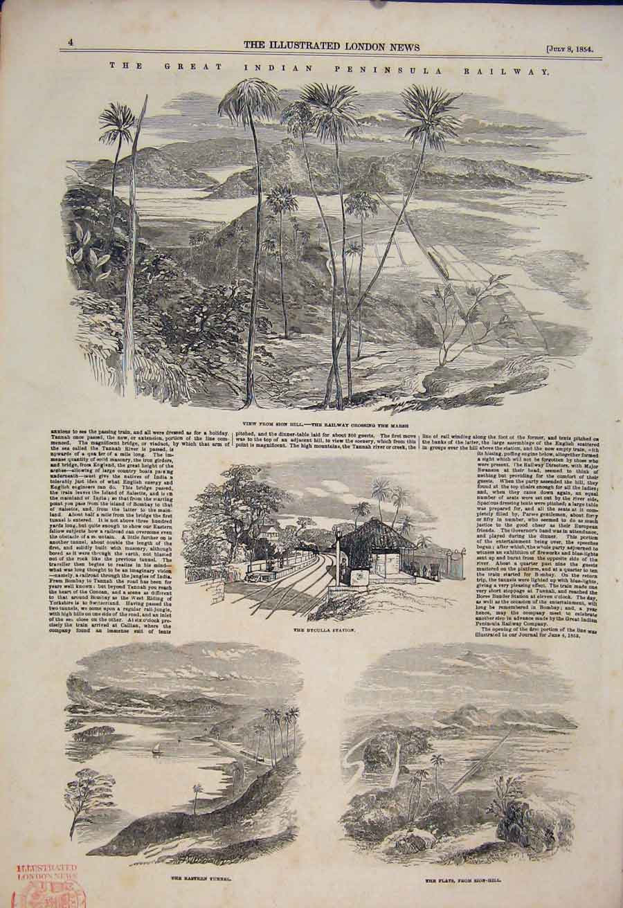 Original Old Antique Print Indian Peninsular Railway Sion Byculla Station 1854