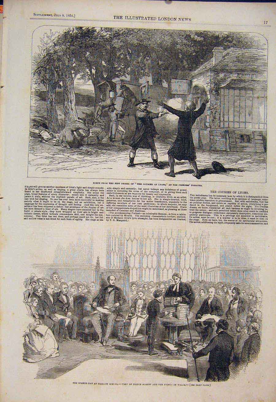 Original Old Antique Print Lyons Theatre Harlow School Prince Albert Wales 1854