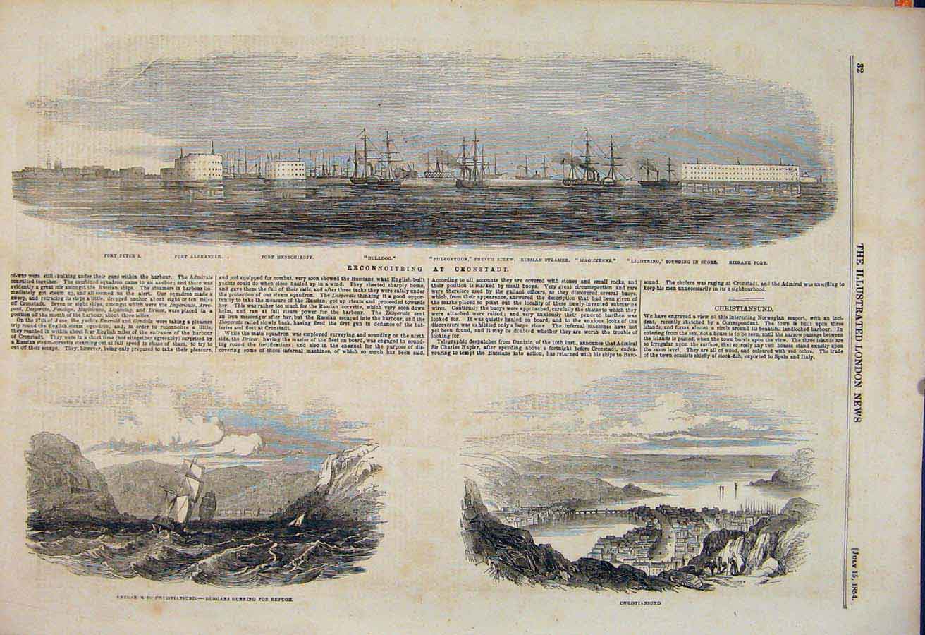 Original Old Antique Print Cronstadt Fort Christiansund Russians 1854 Victorian