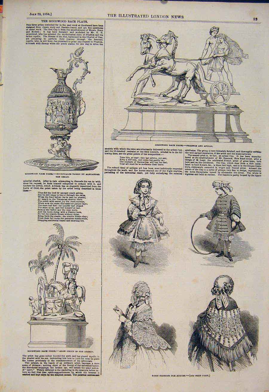 Original Old Antique Print Goodwood Races Race Prizes Paris Fashions 1854 19th