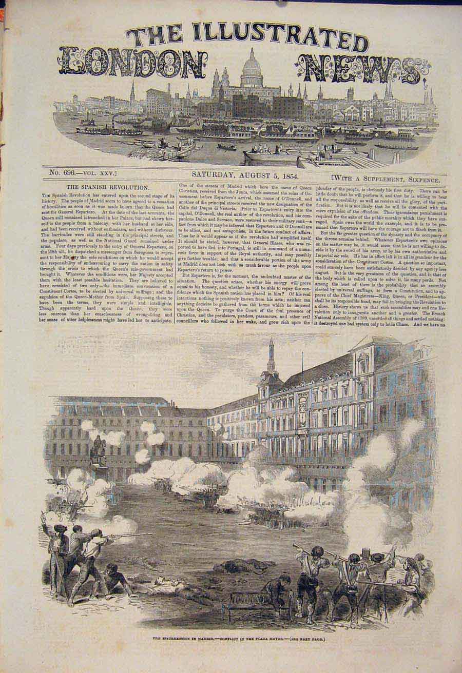 Original Old Antique Print Madrid Plaza Major War Battle Military 1854 Victorian