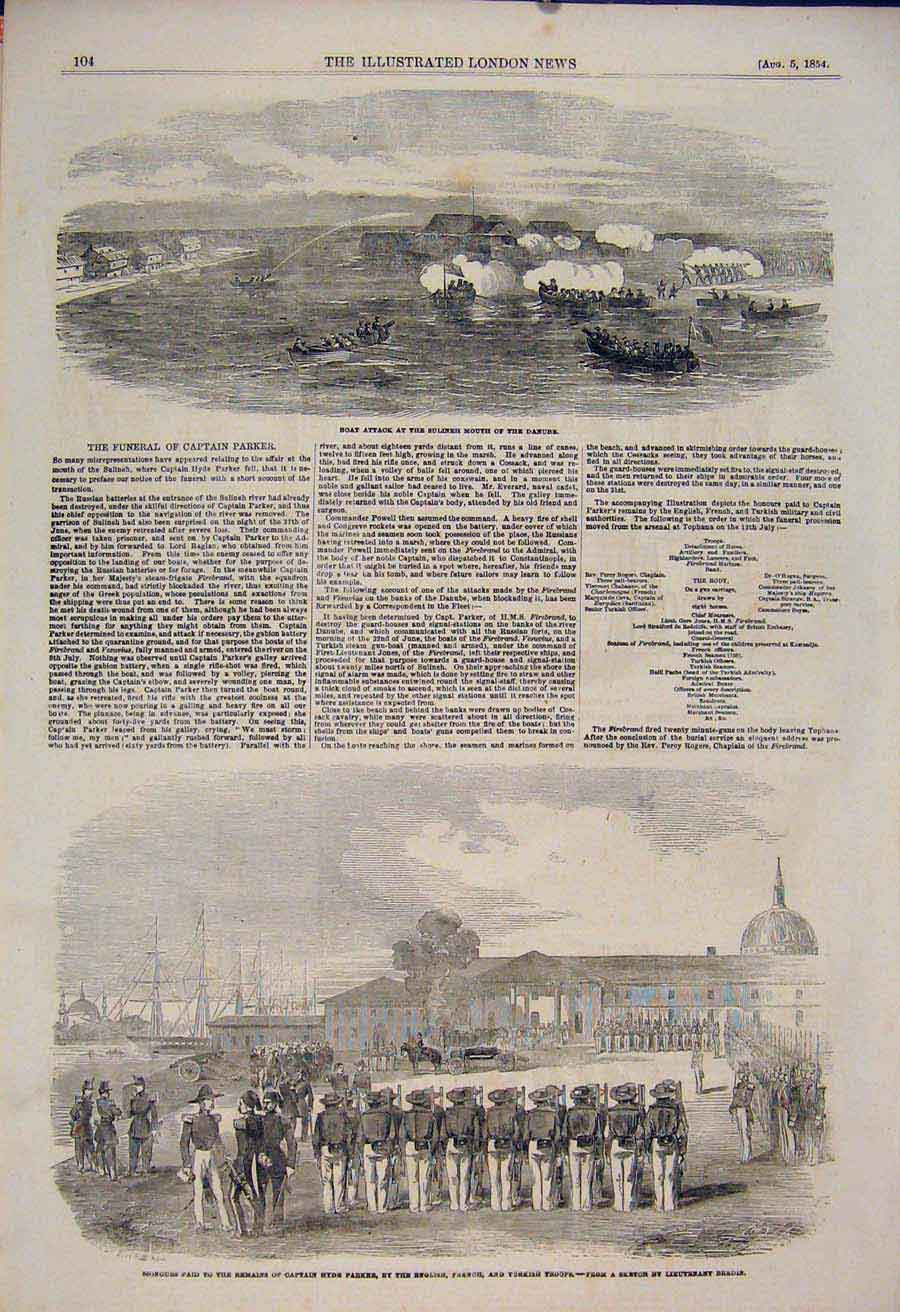 Original Old Antique Print Sulineh Danube Baot Attack Funeral Parker Bredin 1854