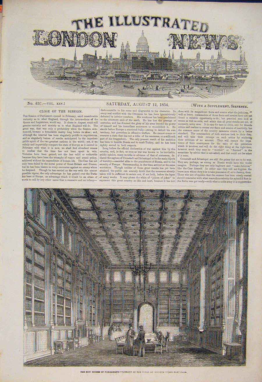 Original Old Antique Print Houses Parliament Commons Library London 1854 19th