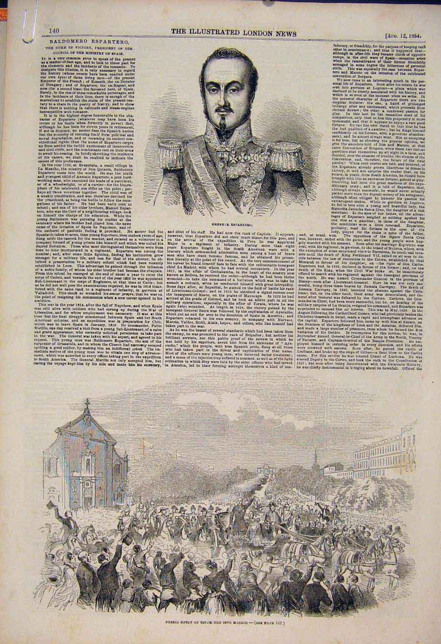 Original Old Antique Print Portrait Espartero Madrid Spain Prado Palace 1854