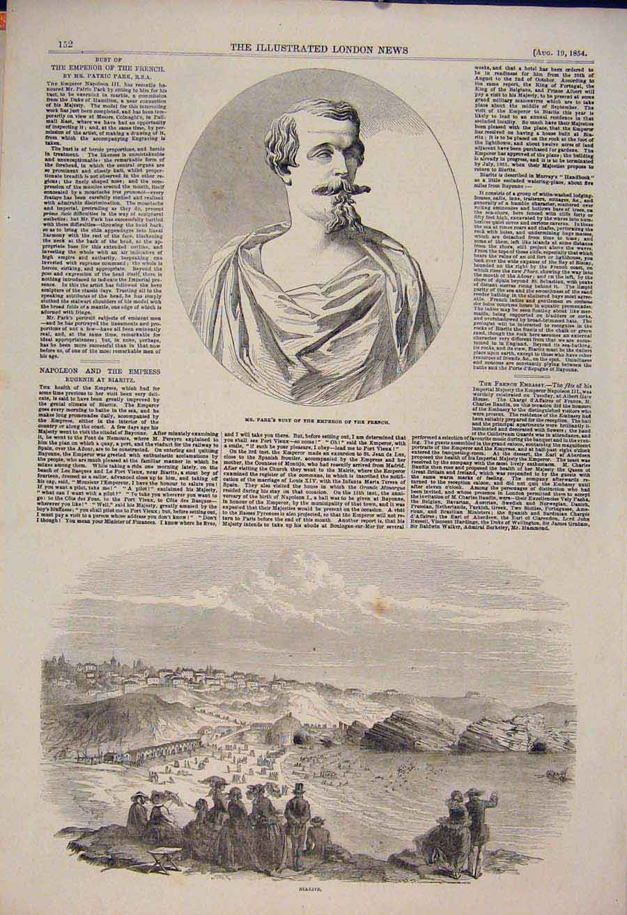 Original Old Antique Print Bust Park French Emperor Biaritz Napoleon 1854 19th