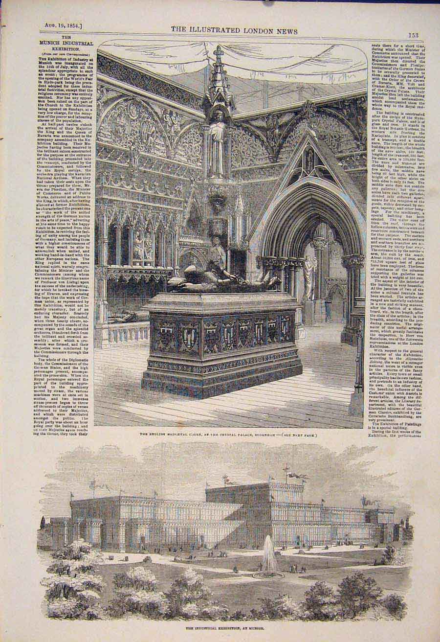 Original Old Antique Print Court Crystal Palace Sydenham Industrial Munich 1854
