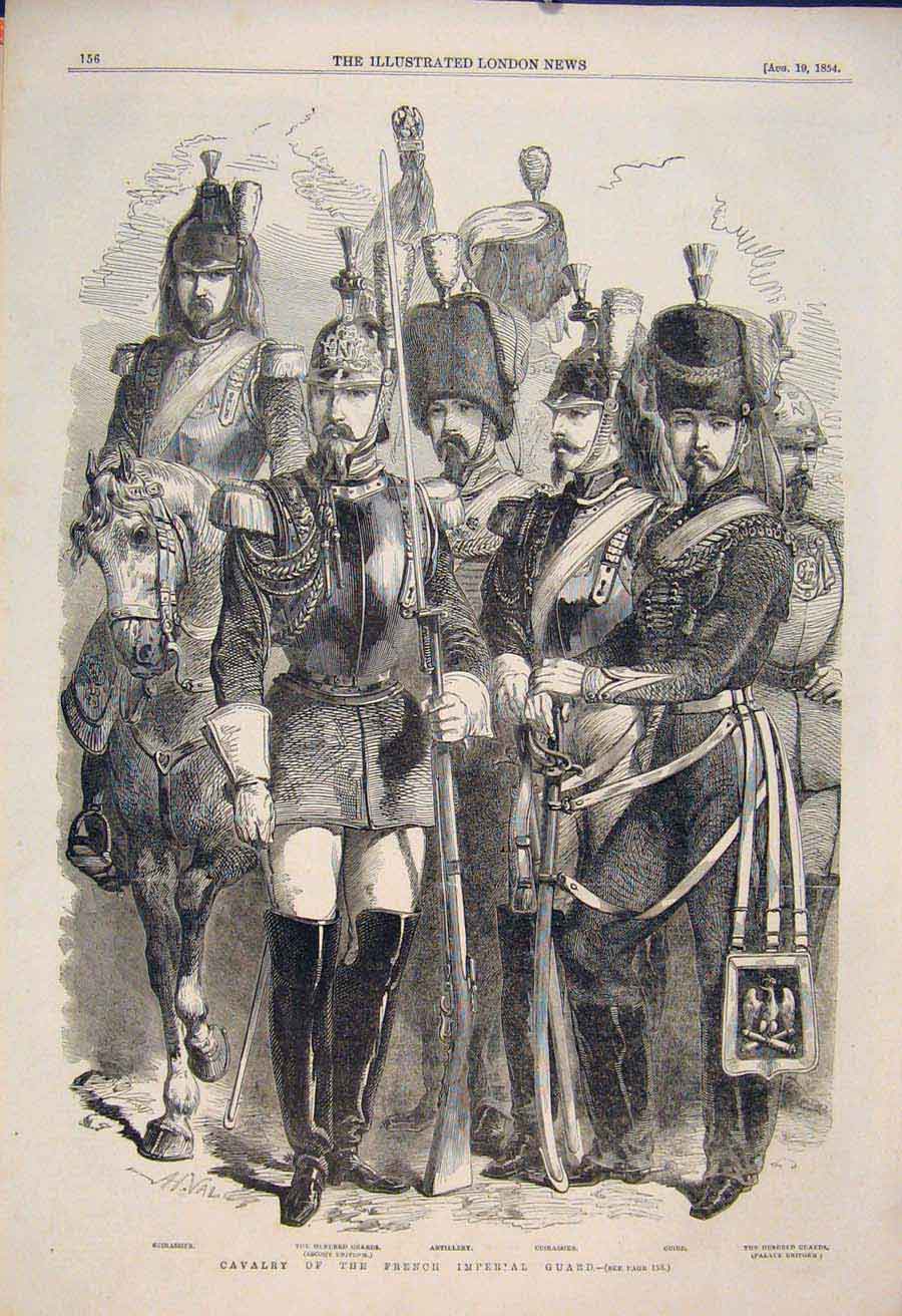Original Old Antique Print Cavalry French Imperial Guard Artillery Guards 1854