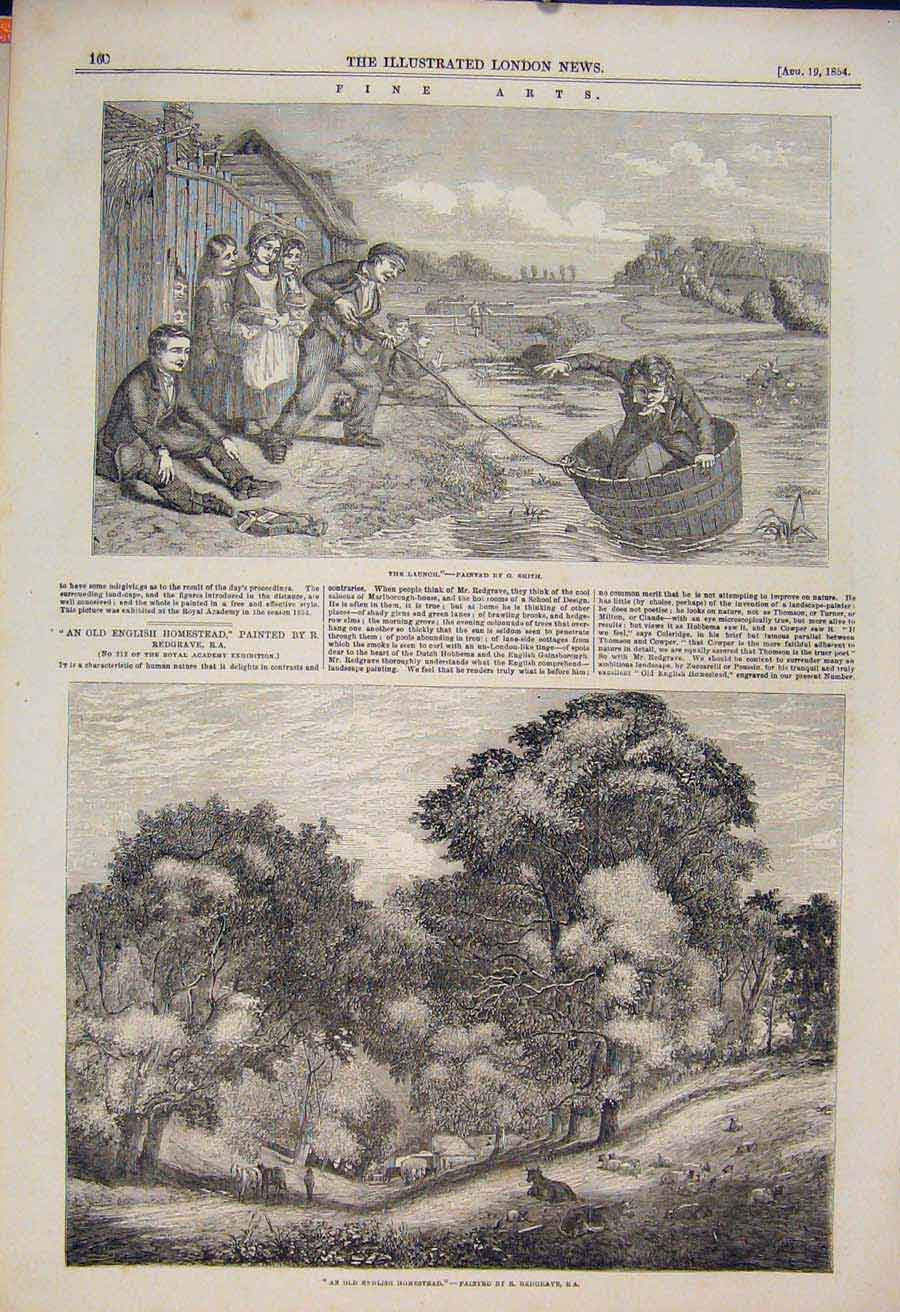 Original Old Antique Print Launch Tub Children Smith Homestead English Redgrave