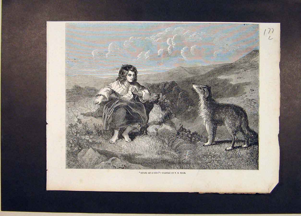 Original Old Antique Print Girl Child Dog Field Mole Fine Art 1854 Order 19th