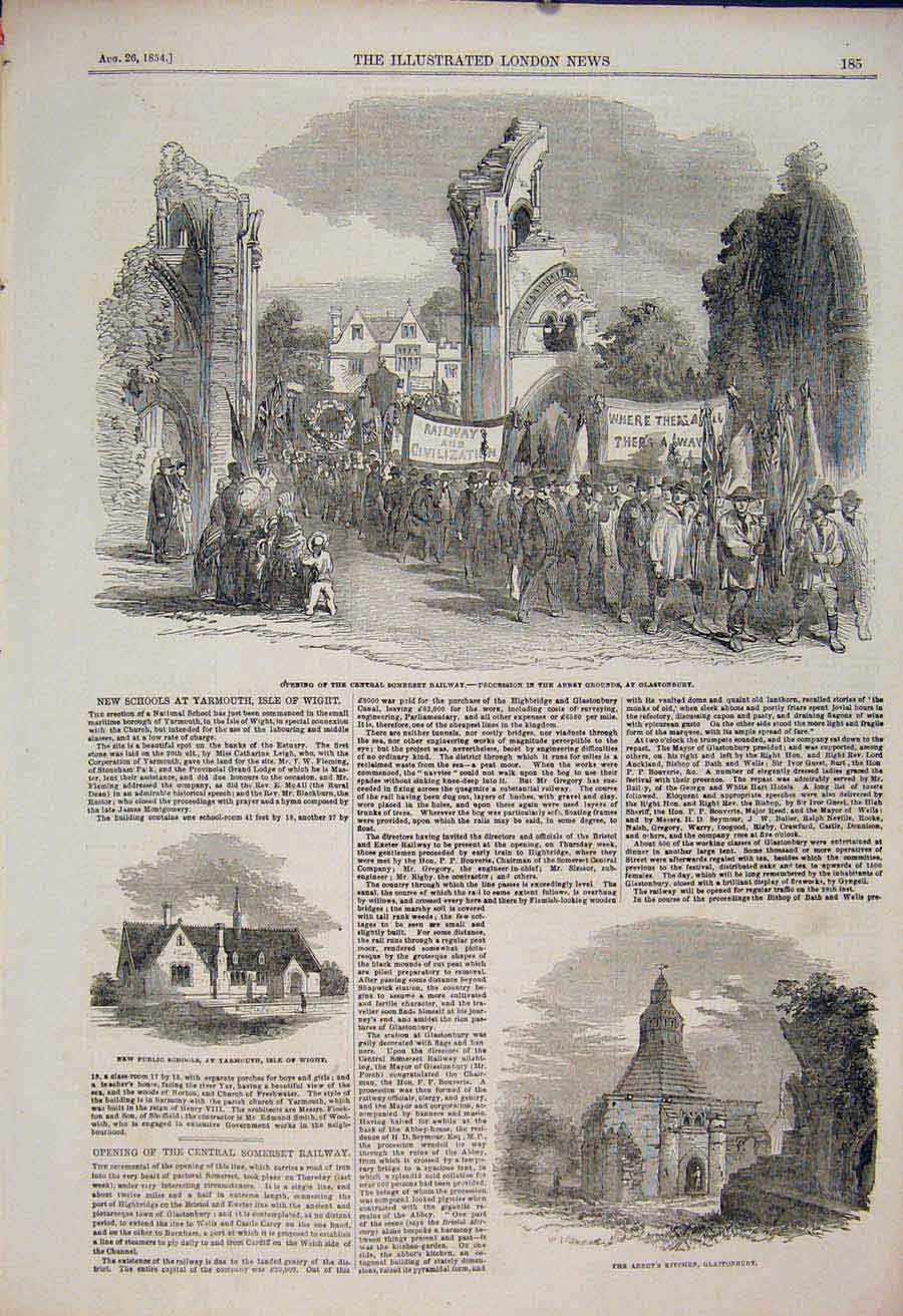 Old Antique Print Somerset Railway Abbey Glastonbury School Yarmouth 1854 19th