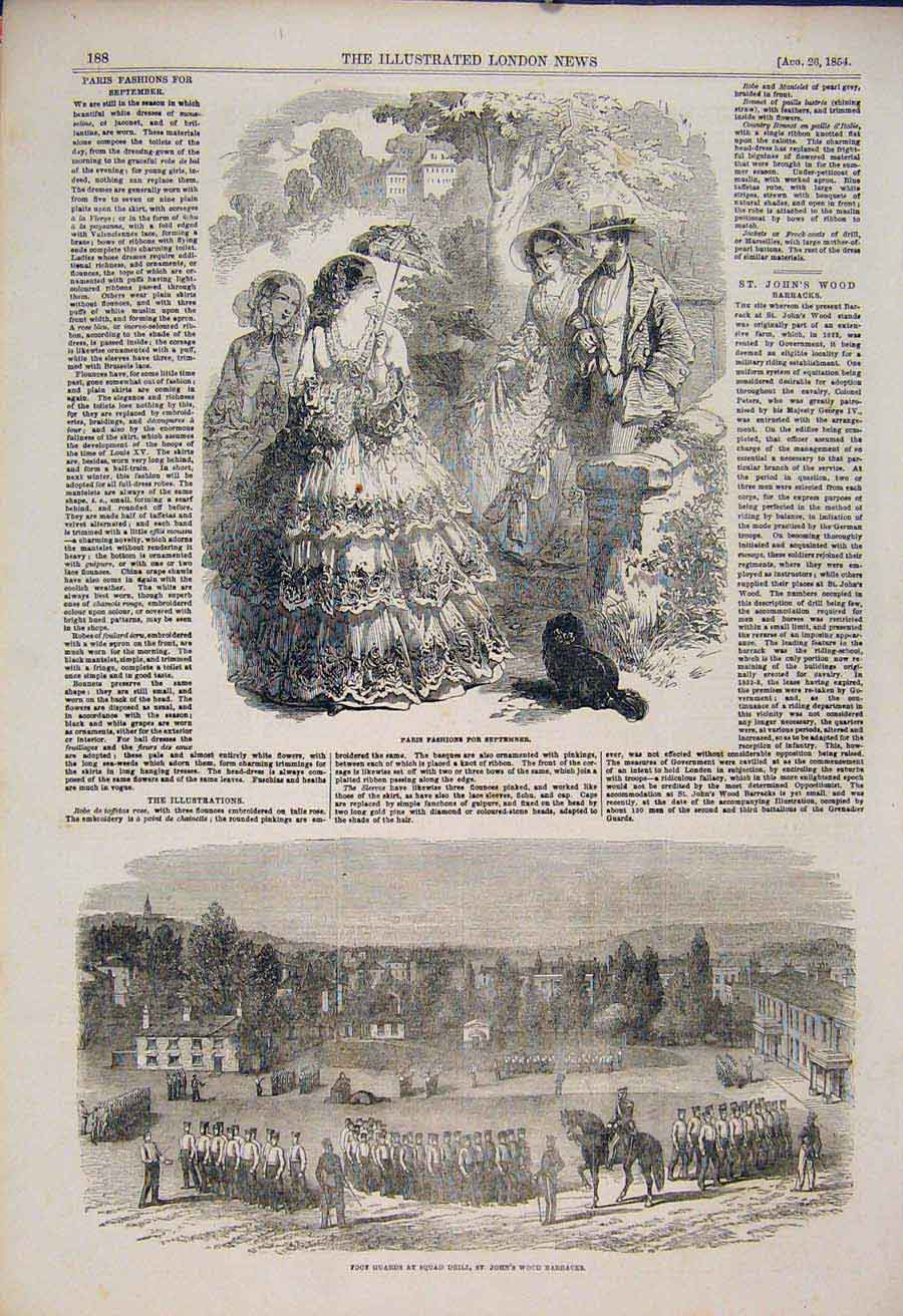 Original Old Antique Print Paris Fashions Ladies Guards Barracks Military 1854