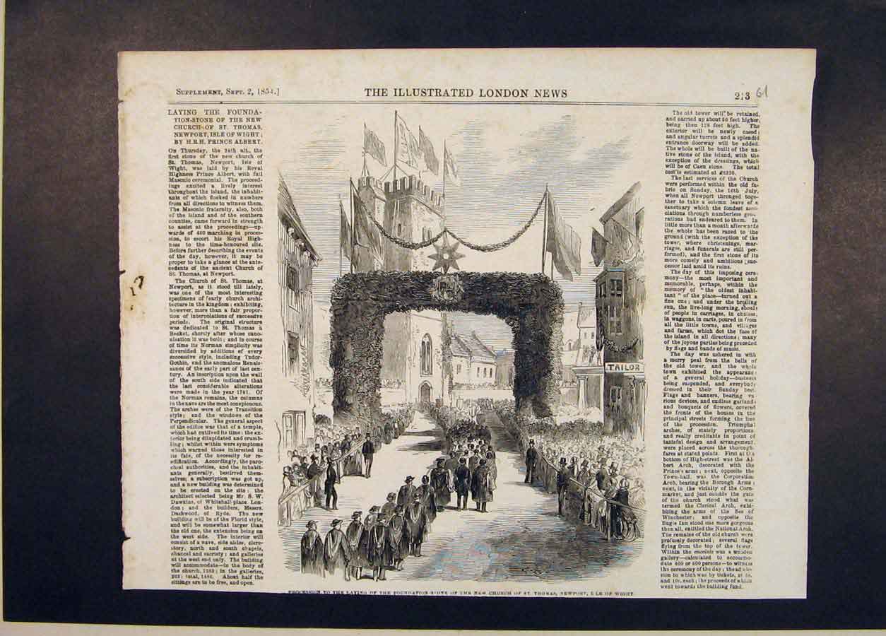 Original Old Antique Print Procession Church St Thomas Newport Isle Wight 1854