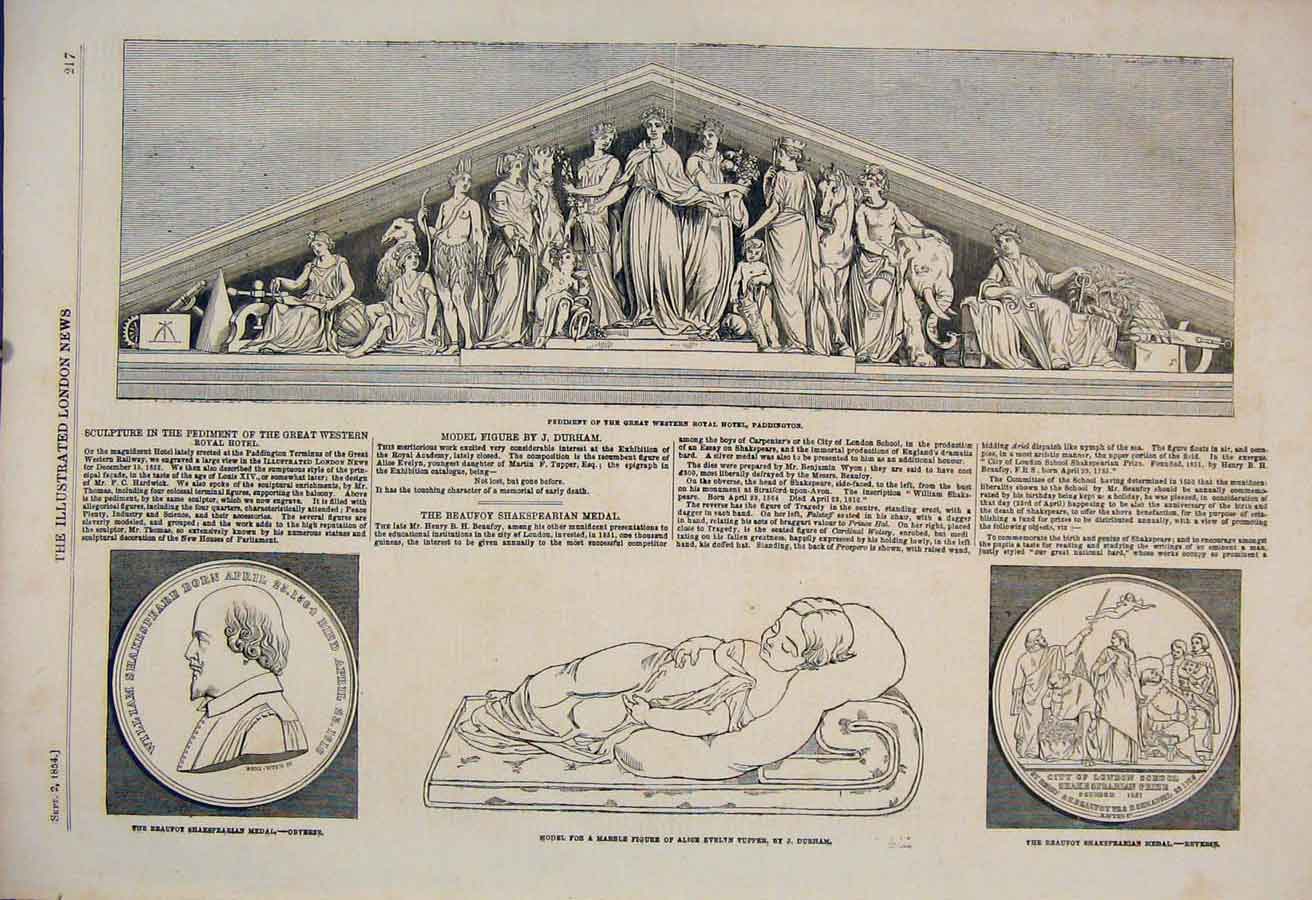 Original Old Antique Print Sculpture Royal Hotel Paddington Durham Marble Tupper