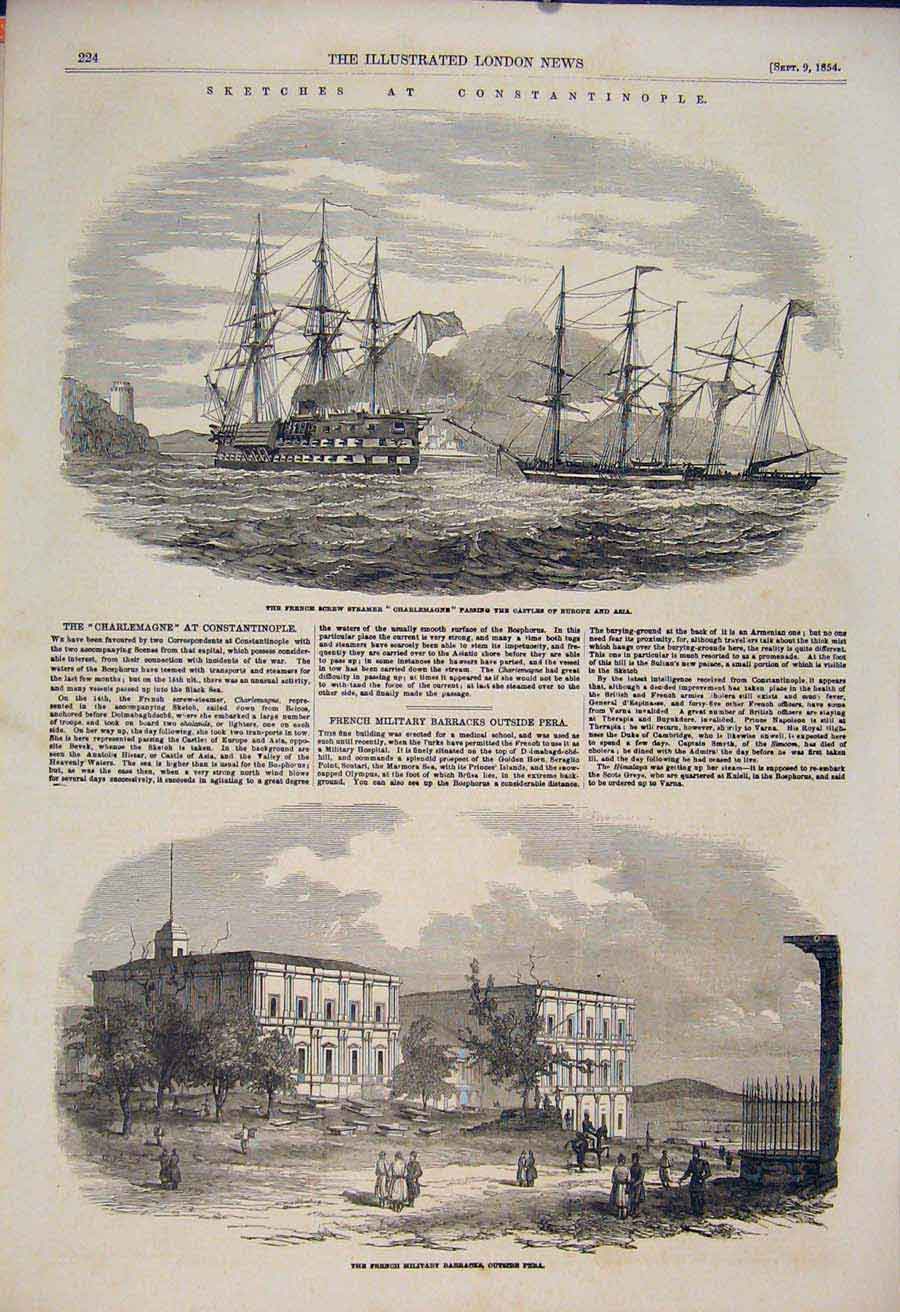 Old Antique Print Sketches Constantinople Charlemagne Military Pera 1854 19th