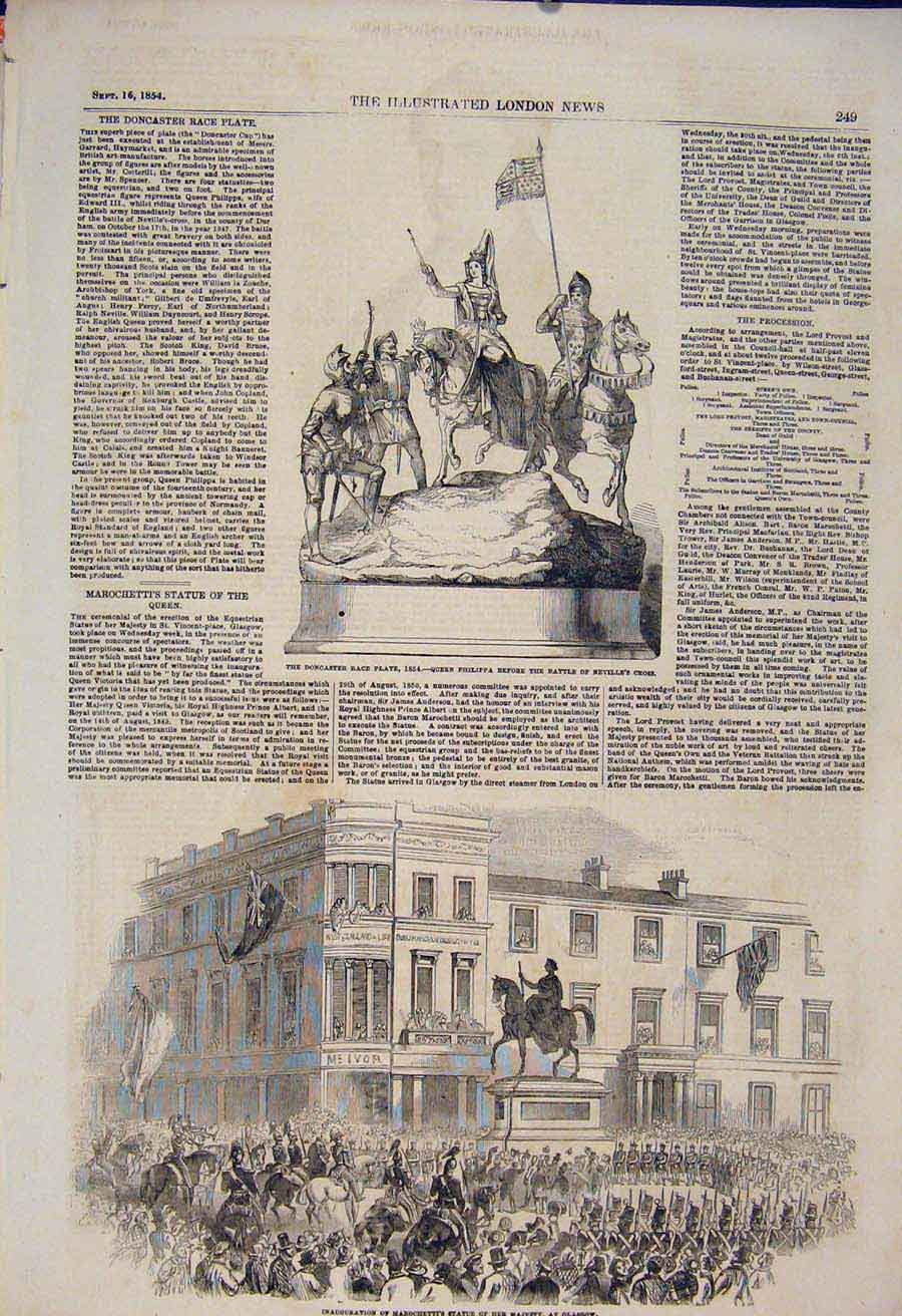 Original Old Antique Print Doncaster Race Plate Glasgow Marochetta Statue 1854