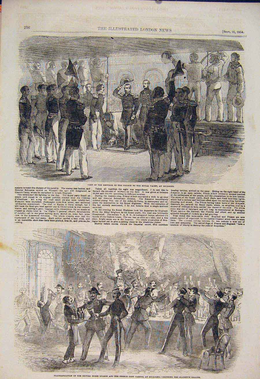 Original Old Antique Print Emperor Visit Royal Yacht Boulogne Horsse Guards 1854