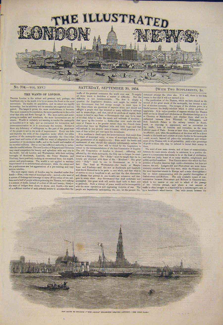 Original Old Antique Print Belgium Aquila Steam Ship Antwerp Germany 1854 19th