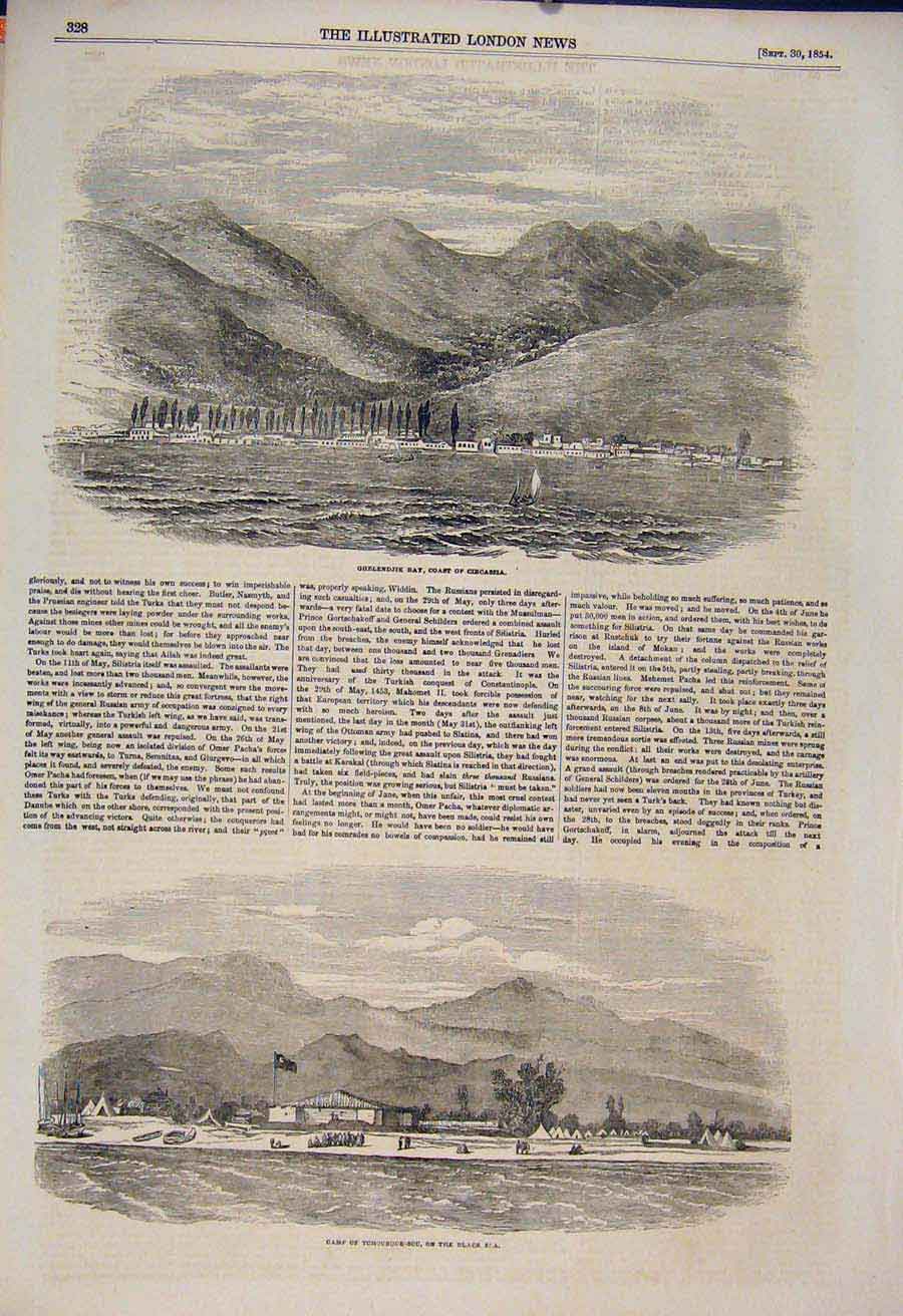 Original Old Antique Print Gheledjik Bay Circassai Black Sea Camp 1854 Victorian