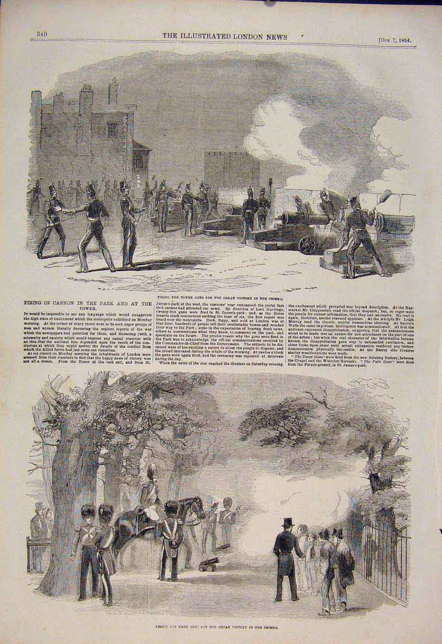Original Old Antique Print Tower Guns Crimea Victory Park London 1854 Victorian